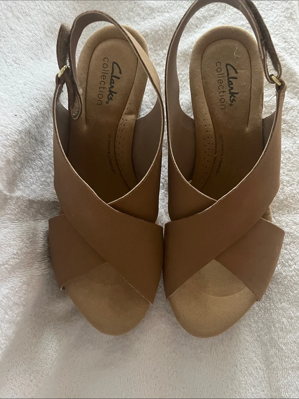 Clarks Beige Crisscross Wedge Sandals